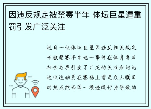 因违反规定被禁赛半年 体坛巨星遭重罚引发广泛关注