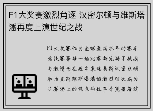 F1大奖赛激烈角逐 汉密尔顿与维斯塔潘再度上演世纪之战