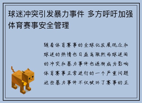 球迷冲突引发暴力事件 多方呼吁加强体育赛事安全管理